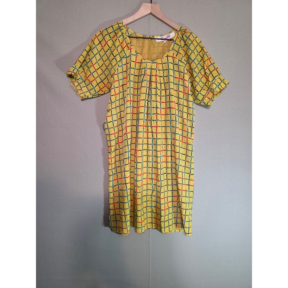 Emma Lee Yellow Grid Print Shift Dress Short Sleeve Multi Color Plaid Womens M